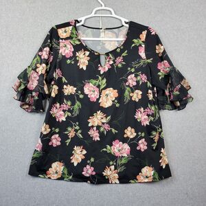 Per Seption Black Pink Floral SS Ruffle Flutter Keyhole Blouse Women's Plus 2X